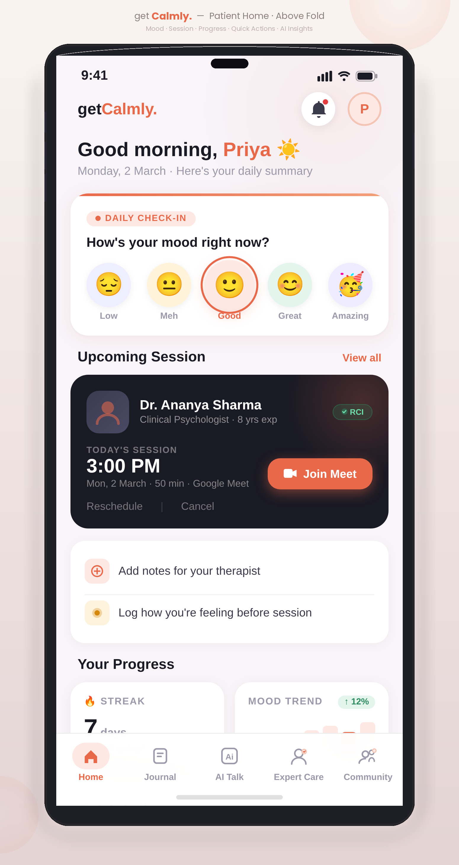 The GetCalmly app home screen